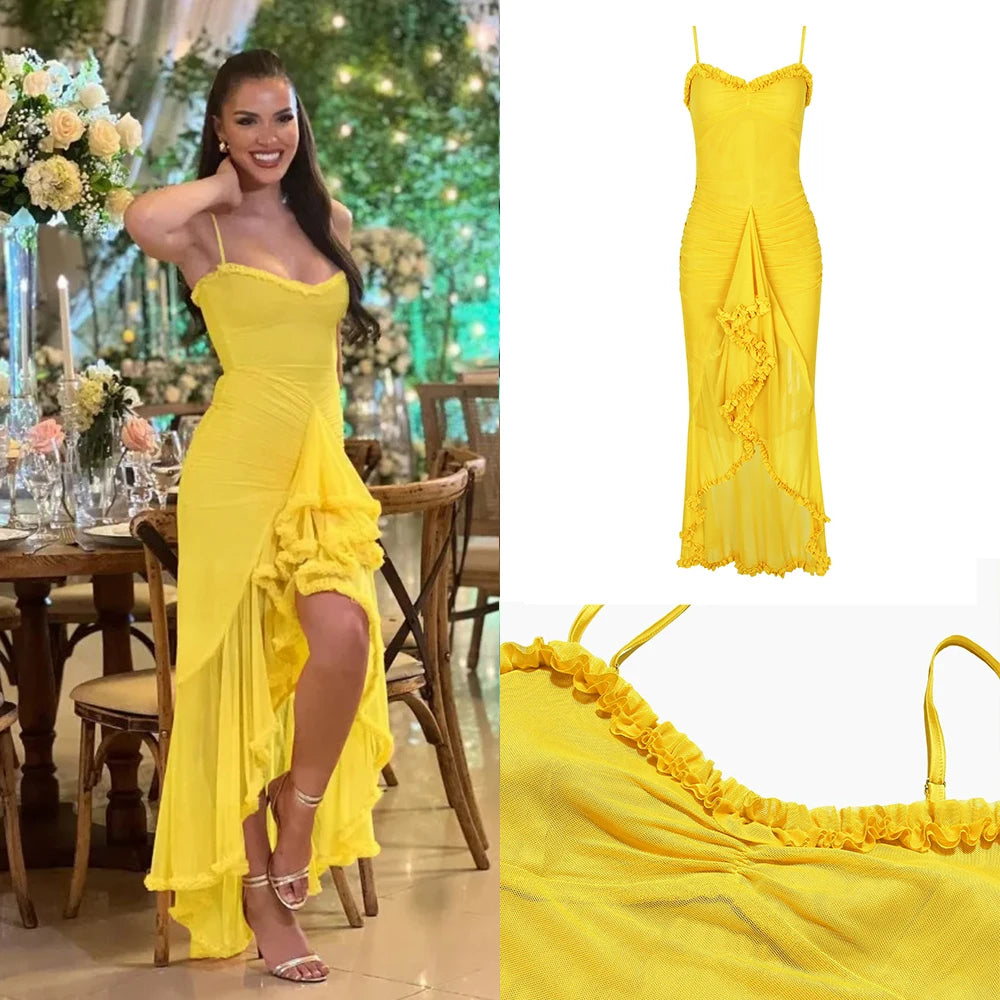 Suninheart Irregular Mesh Party Dresses 2024 New Arrivals Spaghetti Strap Bodycon Dress Fashion Ruched Long Dress Women
