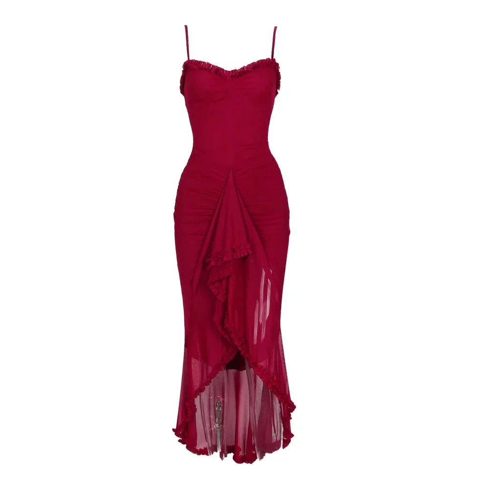 Suninheart Irregular Mesh Party Dresses 2024 New Arrivals Spaghetti Strap Bodycon Dress Fashion Ruched Long Dress Women