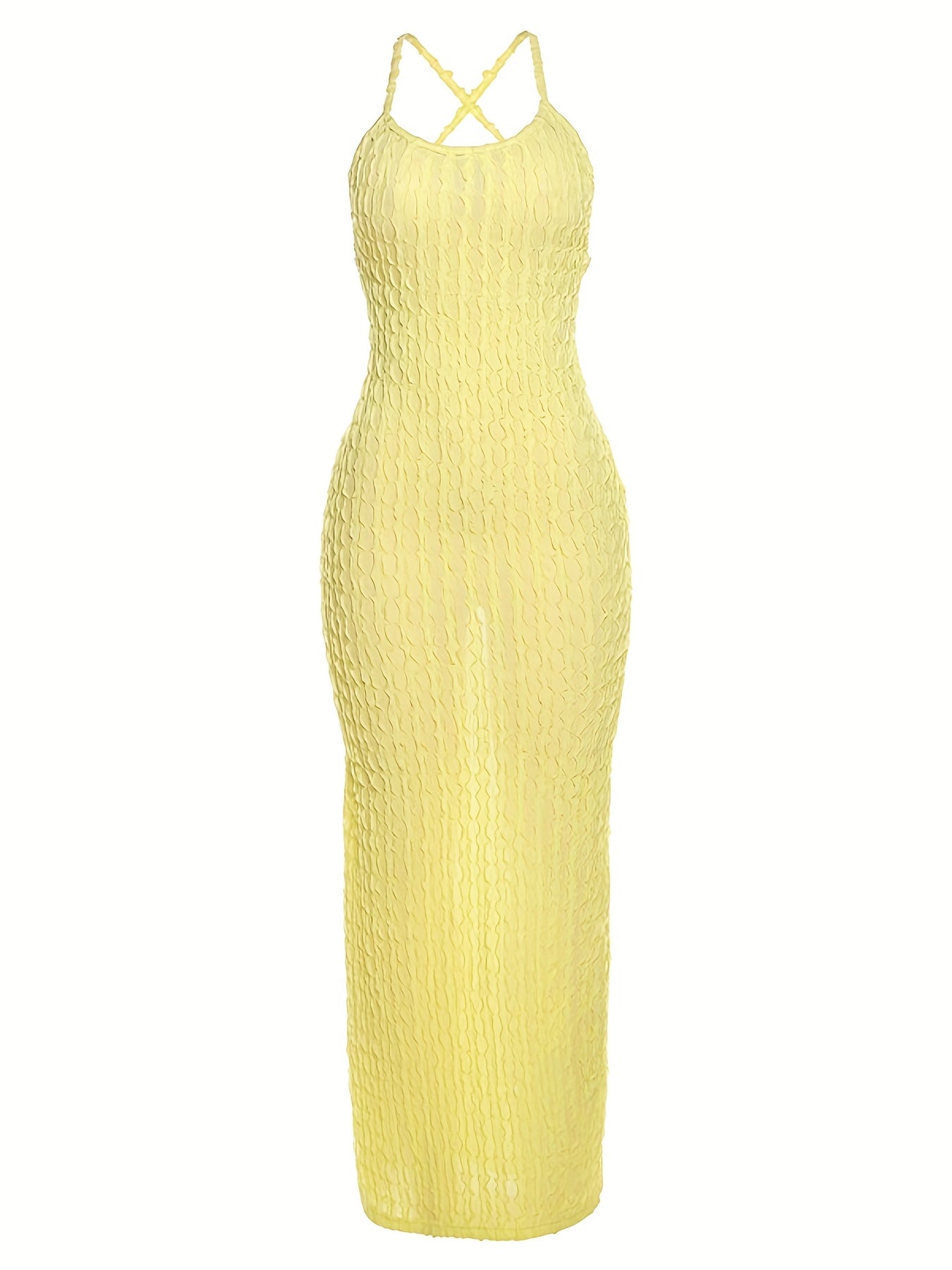 Solid Spaghetti Popcorn Dress, Sexy Backless Dress For Spring & Summer, Women's Clothing