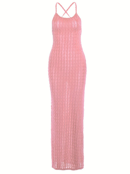 Solid Spaghetti Popcorn Dress, Sexy Backless Dress For Spring & Summer, Women's Clothing