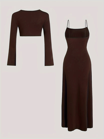 A Two-Piece Set Featuring a Short Crop Top with Long Sleeves And a Fitted Waistline Dress, Perfect for Spring And Autumn