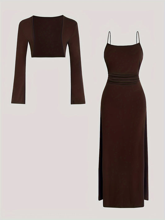 A Two-Piece Set Featuring a Short Crop Top with Long Sleeves And a Fitted Waistline Dress, Perfect for Spring And Autumn