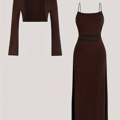 A Two-Piece Set Featuring a Short Crop Top with Long Sleeves And a Fitted Waistline Dress, Perfect for Spring And Autumn
