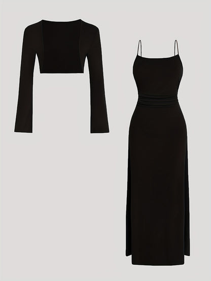 A Two-Piece Set Featuring a Short Crop Top with Long Sleeves And a Fitted Waistline Dress, Perfect for Spring And Autumn