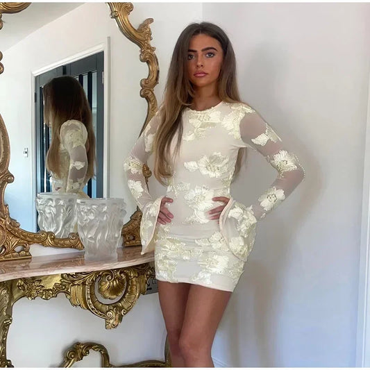3D Floral Mesh Mini Dress – Backless & Elegant